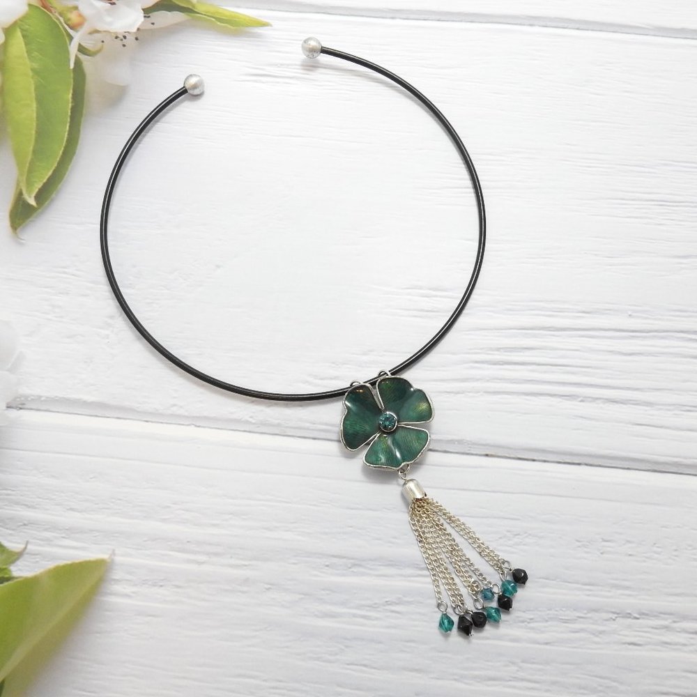 SILVER ENAMRL FLOWER CRYSTAL CHOKER Turquoise